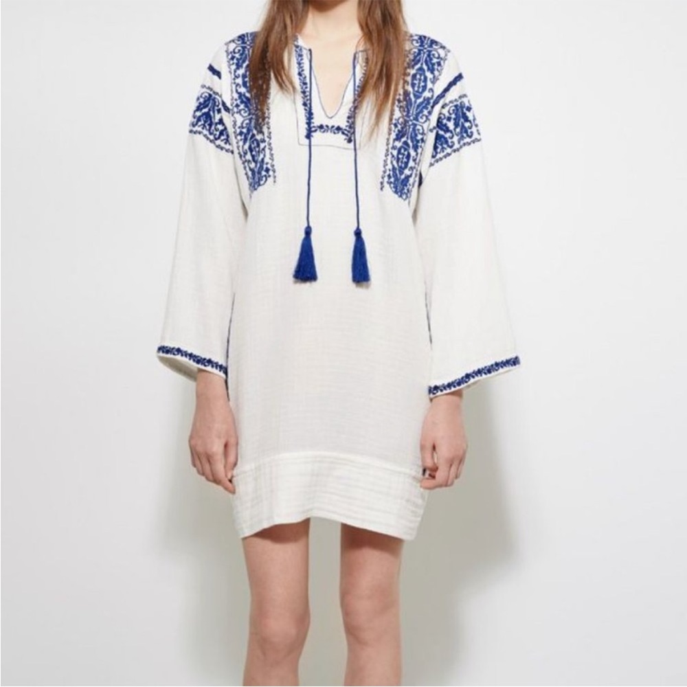 Isabel Marant Etoile Embroidered Dress White Gauze Blue Embroidery in Size 44